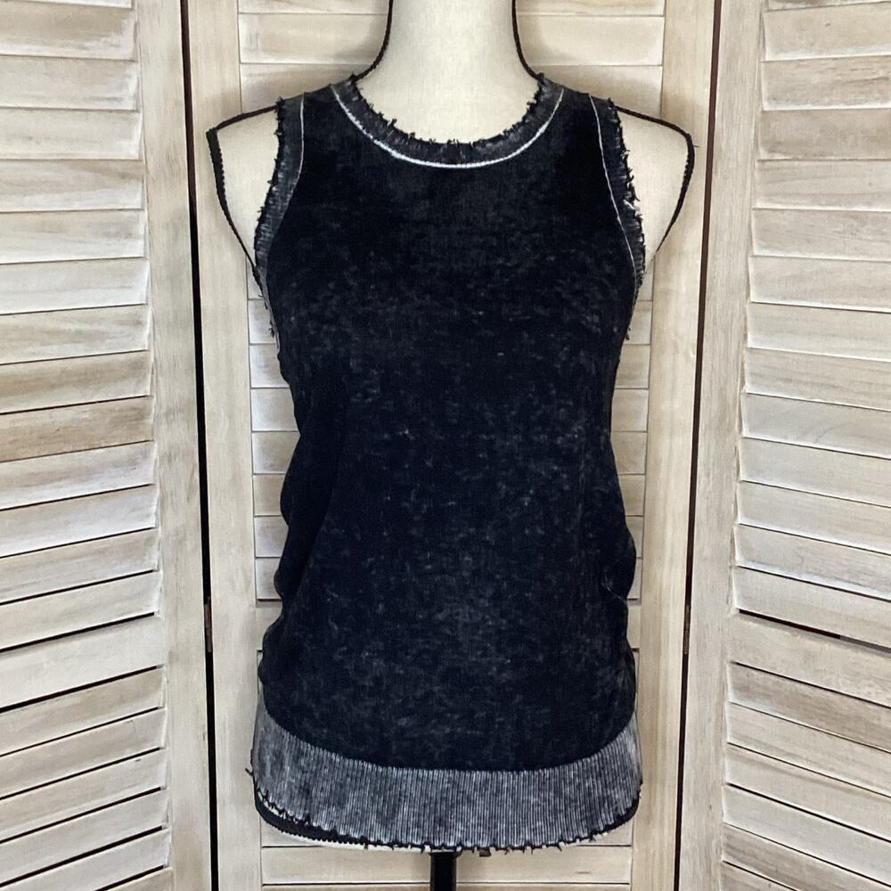 Minnie Rose Black Distressed Rib-Hem Sleeveless Sweater Tank